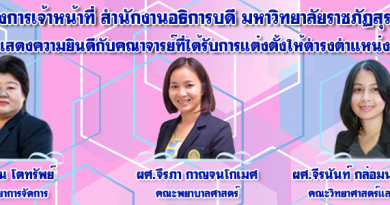 ขอแสดงความยินดีกับคณาจารย์ผู้ได้รับการแต่งตั้งให้ดำรงตำแหน่งทางวิชาการ โดยมติสภามหาวิทยาลัยราชภัฏสุราษฎร์ธานี ในการประชุมเมื่อวันที่ 23 มีนาคม พ.ศ. 2564 ขอแสดงความยินดีกับคณาจารย์ผู้ได้รับการแต่งตั้งให้ดำรงตำแหน่งทางวิชาการ โดยมติสภามหาวิทยาลัยราชภัฏสุราษฎร์ธานี ในการประชุมเมื่อวันที่ 23 มีนาคม พ.ศ. 2564